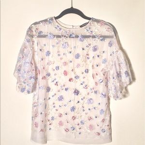 Sheer White Pink and Blue Floral Embroidered Top